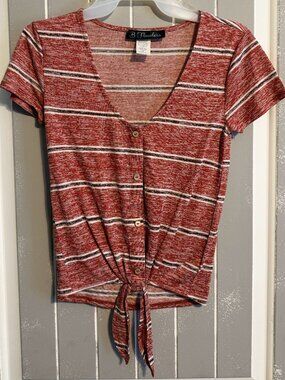 B Flawless Juniors Short Sleeve Front Tie Shirt Stripes Red White Black XS NWOT